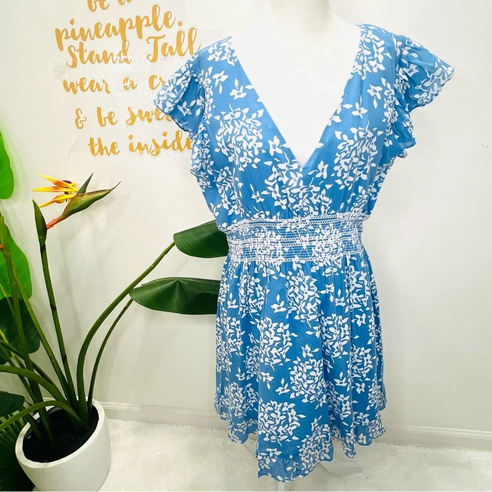SAIL TO SABLE Blue Floral Flutter Ruffle Sleeve Smock Waist Mini Dress Large - Picture 2 of 13